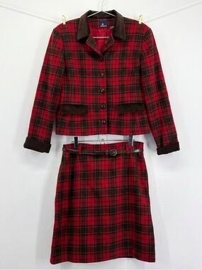 Vintage Lizsport Wool Blend Plaid Skirt Suit Blazer Set Red Brown Velvet Trim